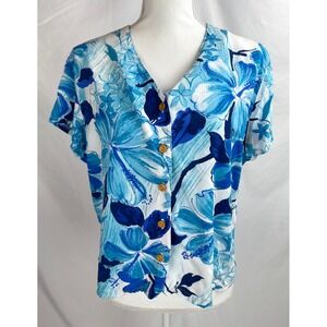 Paradise Found Women XL Blue Hawaiian Button Up Shirt Short Sleeves Floral